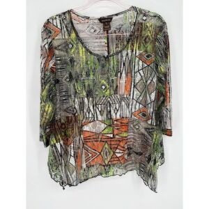 Multiples Blouse Sheer Green Black White Women's Sz PL 3/4 Sleeve